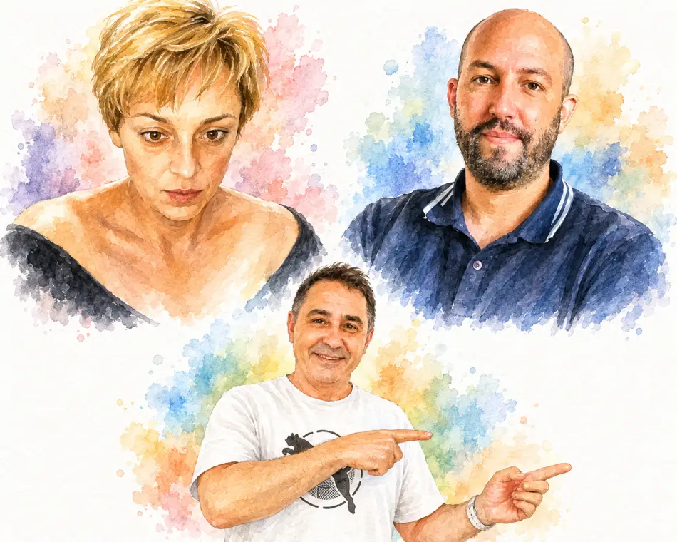 Composición en acuarela de Alberto, Juan y Nieves.