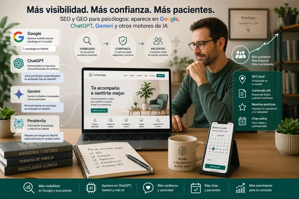 Estrategia SEO y GEO para psicólogos con visibilidad en Google, ChatGPT, Gemini y captación de pacientes