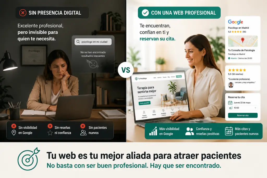Página web profesional para psicólogos mostrando captación de pacientes, confianza y presencia digital